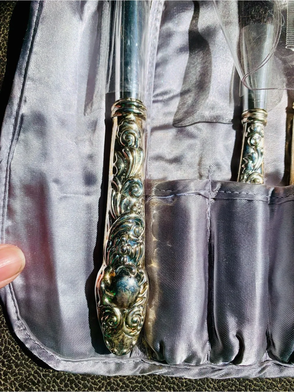 Ornate silver-Handled Makeup Brush Set in Light Gray Pouch